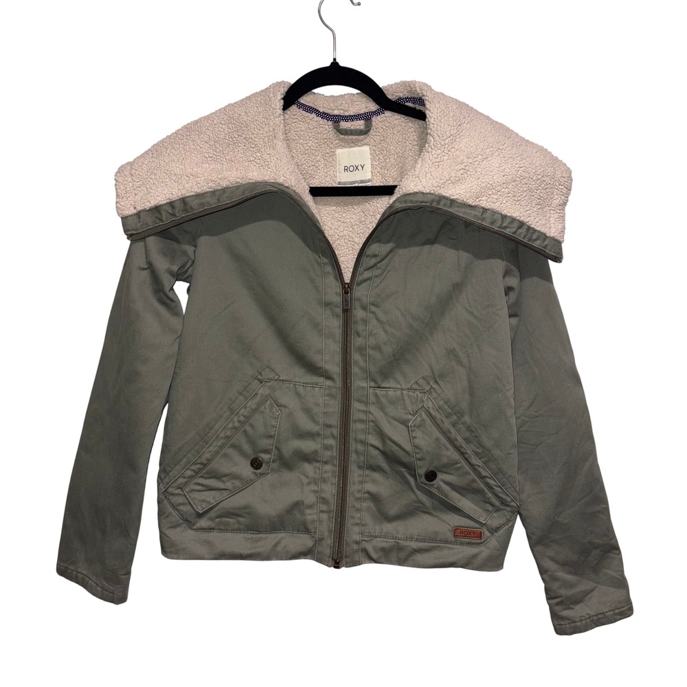 Roxy Sherpa Lined Canvas Full Zip Jacket Womens XS Olive Green